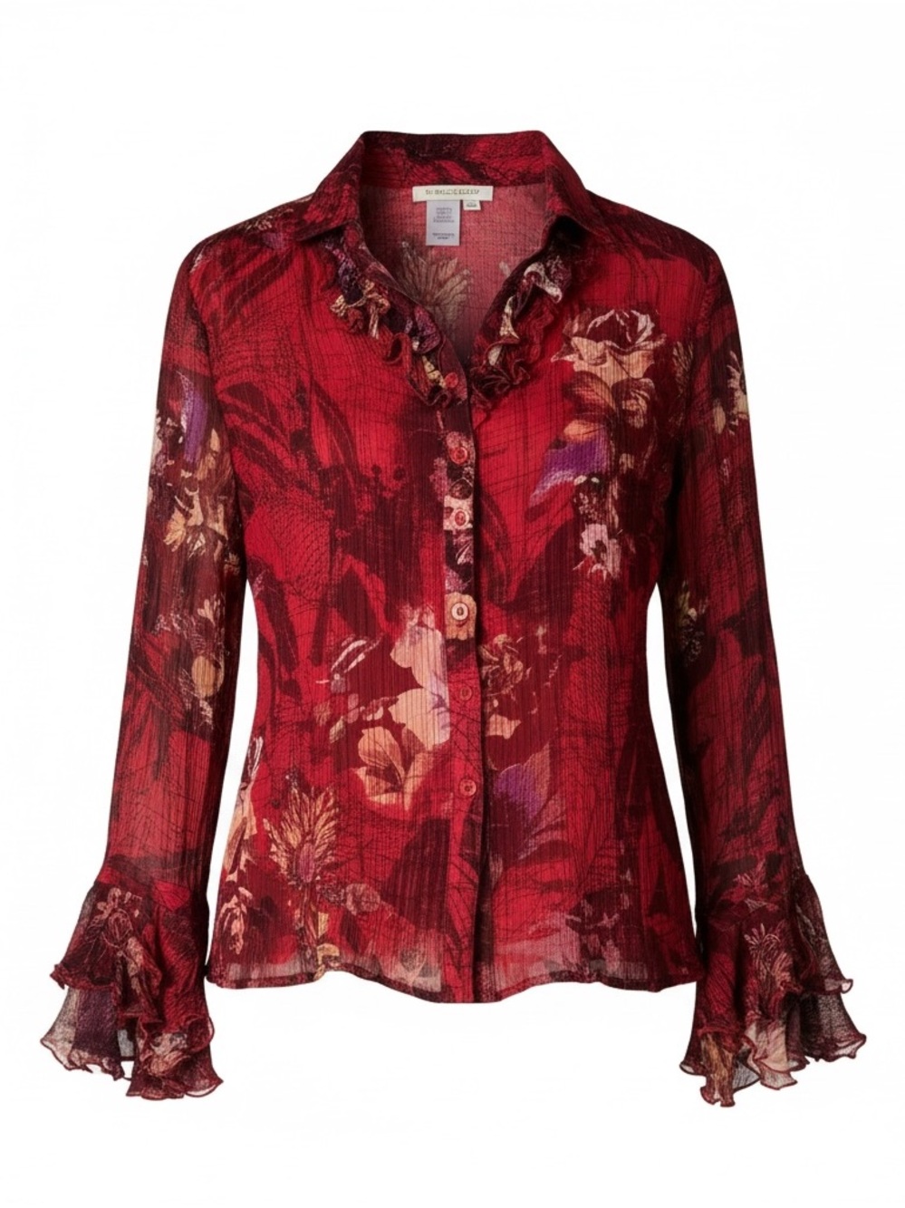 Coldwater Creek Women's Red Floral Ruffled Button-Up Blouse - PM